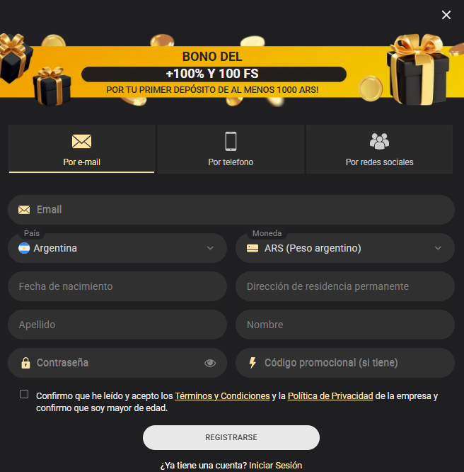Registro form 1xSlots